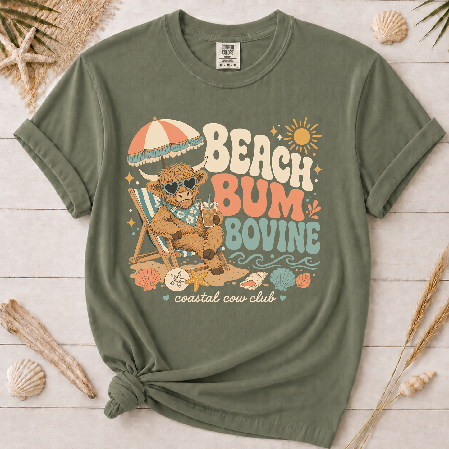 Beach Bum Bovine Highland Cow Graphic Tee