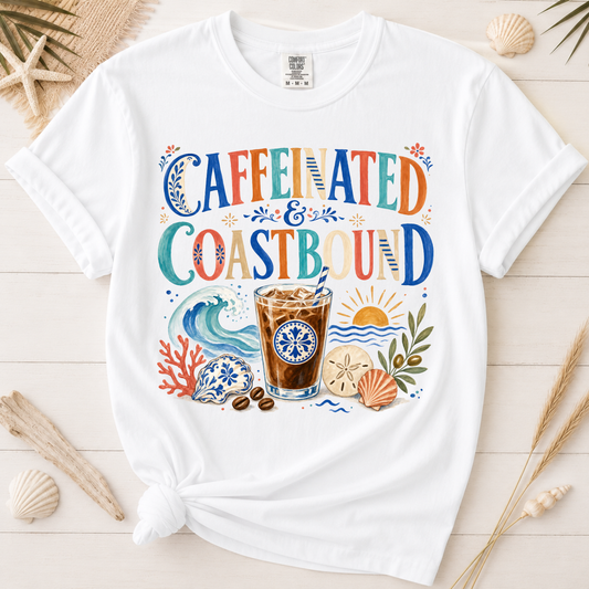 Caffeinated and Coastbound Retro Coffee Lover Graphic Tee