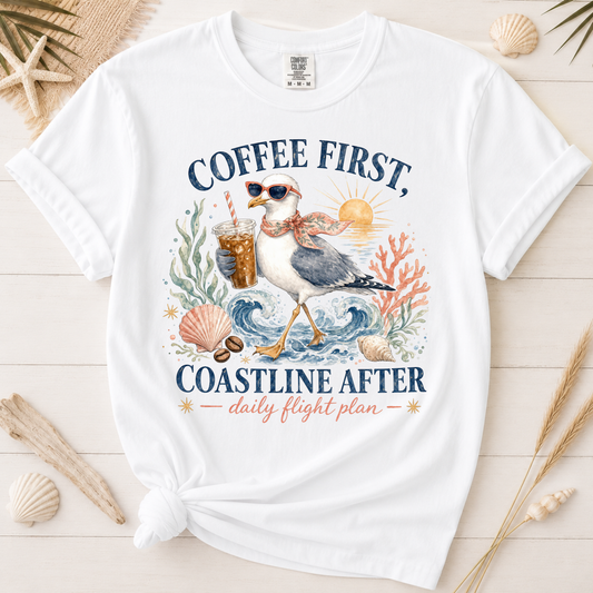 Coffee First, Coastline After Funny Seagull Graphic Tee