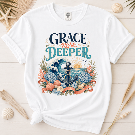 Grace Runs Deeper Christian Beach Graphic Tee
