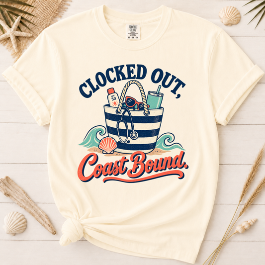 Clocked Out Coast Bound Nurse Vacation Graphic Tee