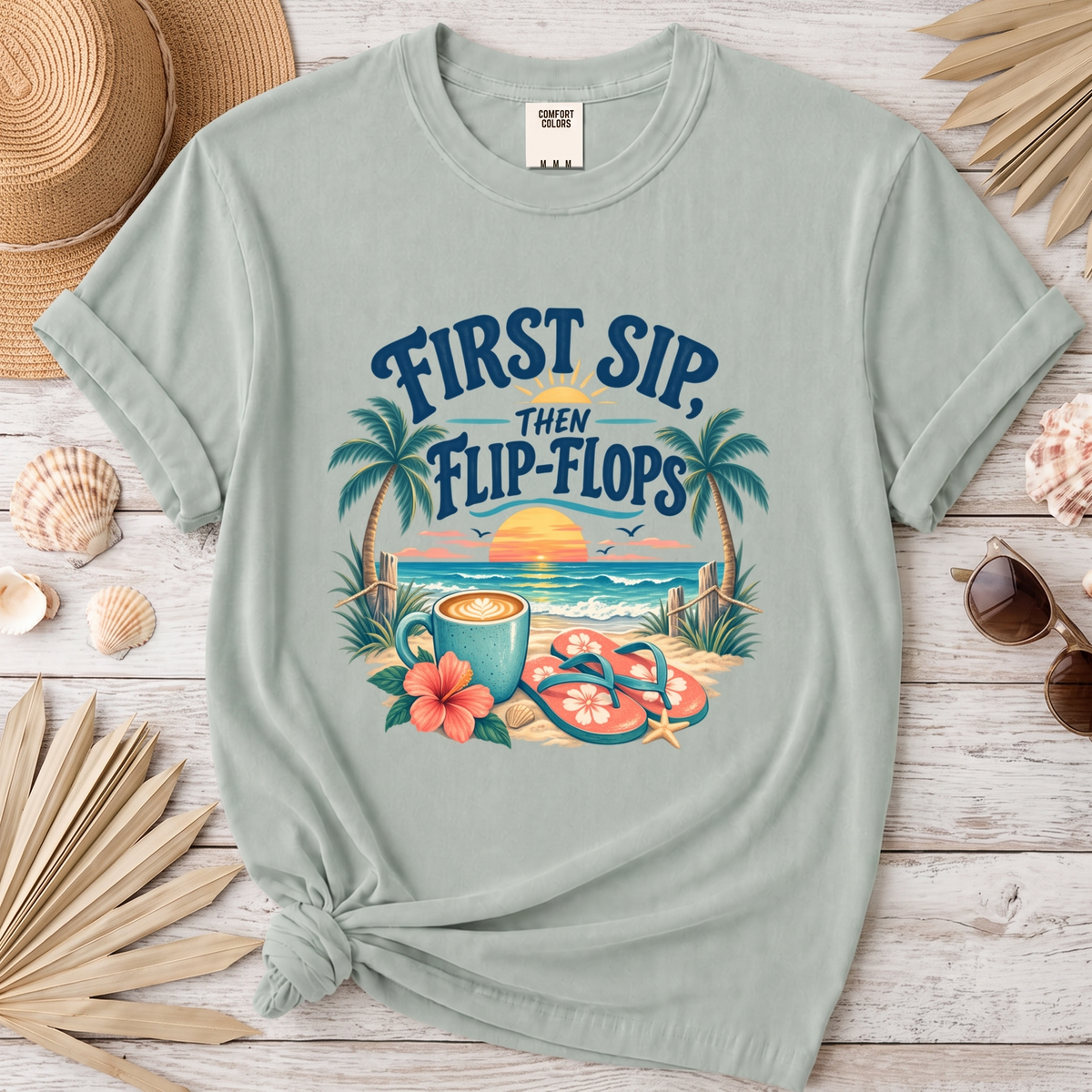 First Sip Then Flip Flops Coastal Coffee Graphic Tee