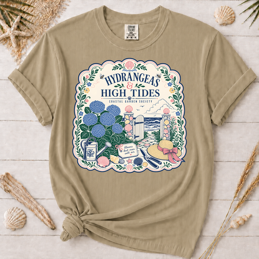 Hydrangeas & High Tides Coastal Garden Society Comfort Colors Graphic Tee