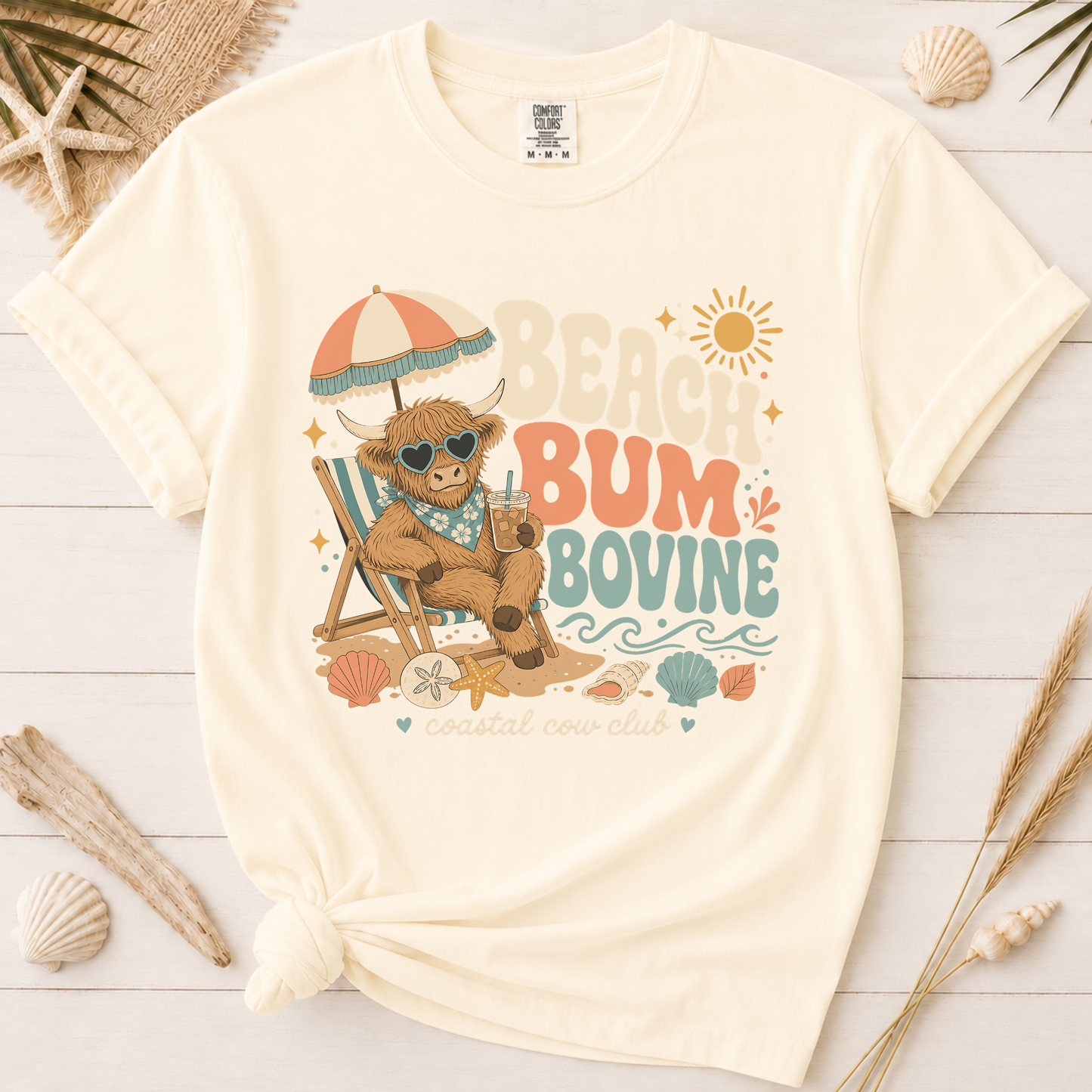 Beach Bum Bovine Highland Cow Graphic Tee