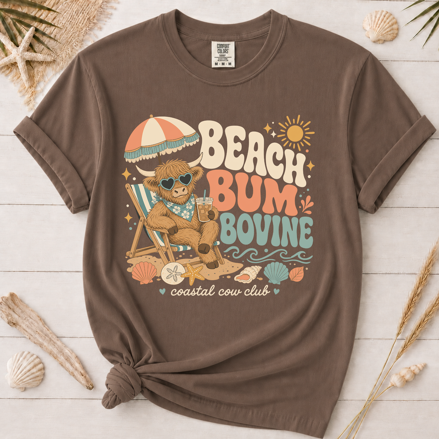 Beach Bum Bovine Highland Cow Graphic Tee