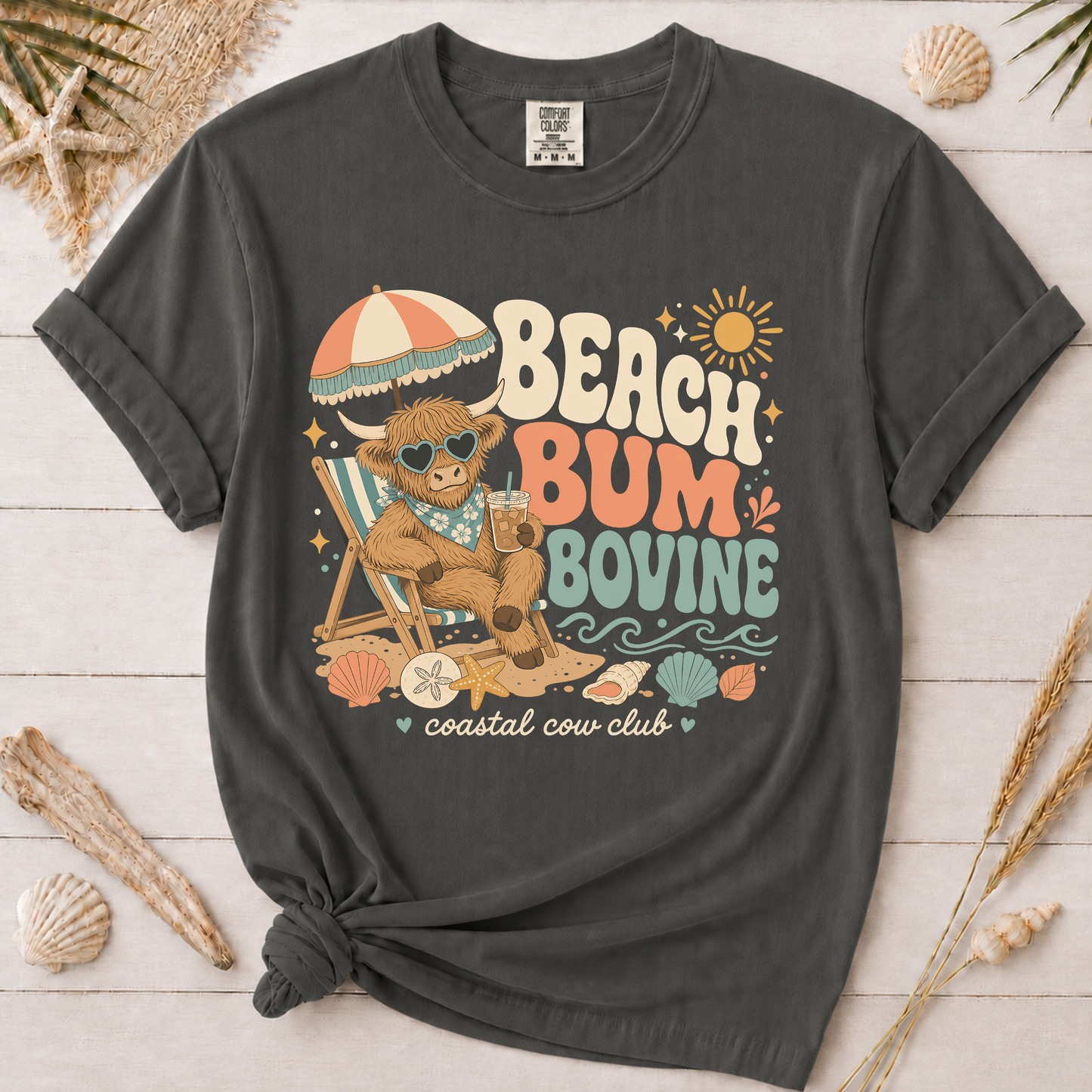 Beach Bum Bovine Highland Cow Graphic Tee