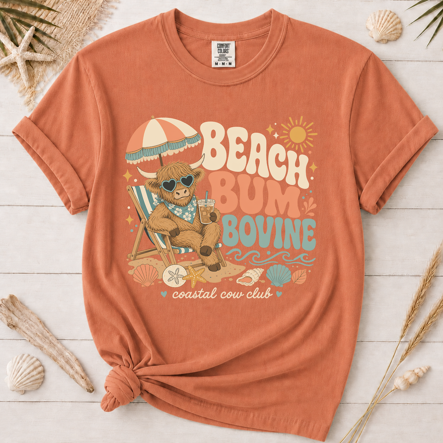 Beach Bum Bovine Highland Cow Graphic Tee