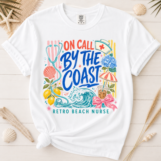 On Call by the Coast Retro Beach Nurse Graphic Tee