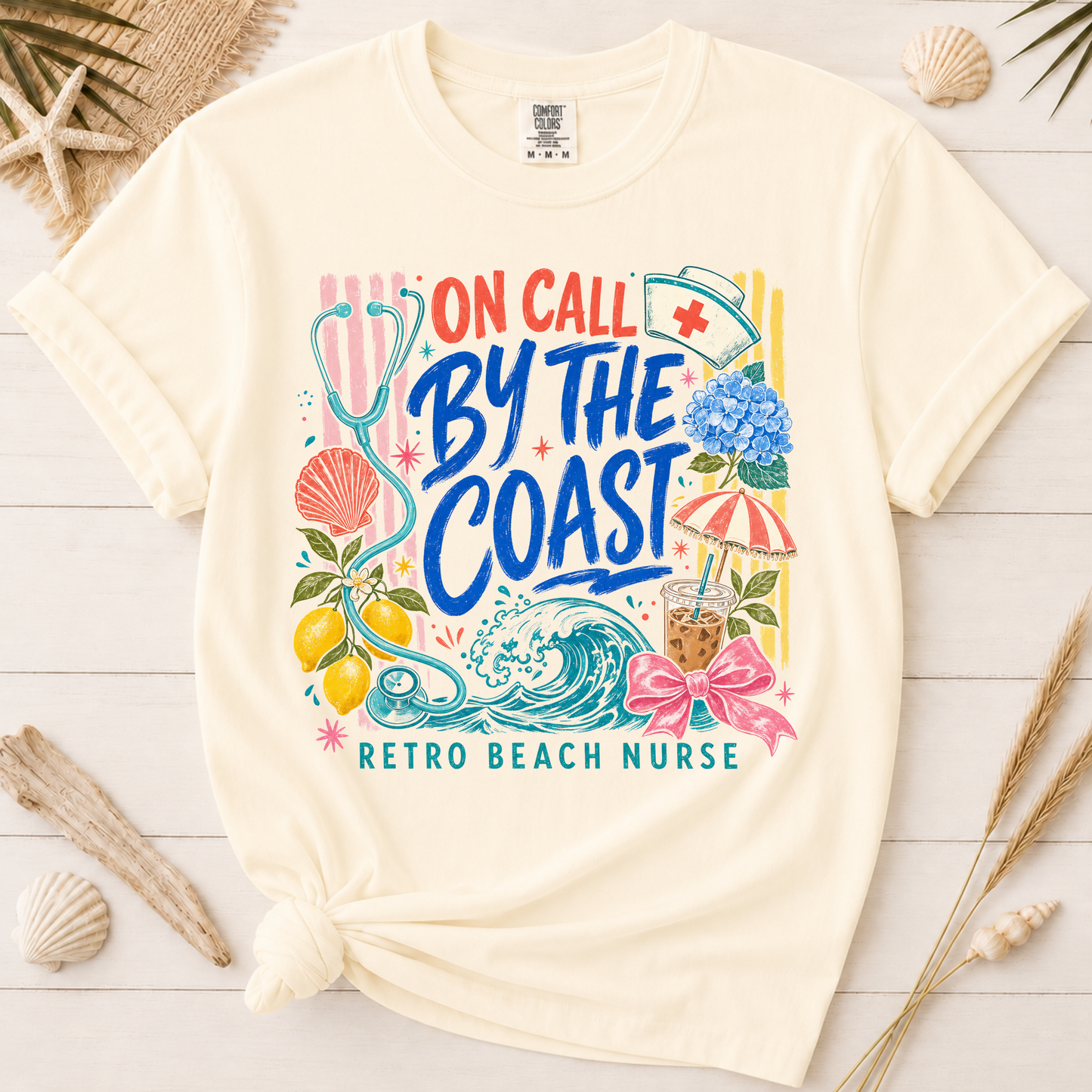 On Call by the Coast Retro Beach Nurse Graphic Tee