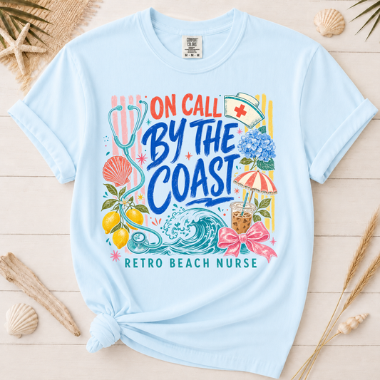 On Call by the Coast Retro Beach Nurse Graphic Tee