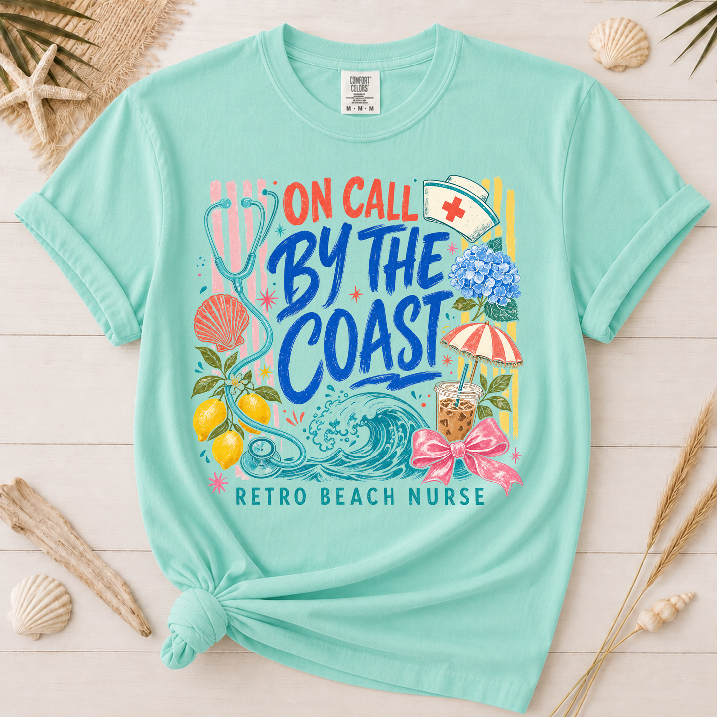On Call by the Coast Retro Beach Nurse Graphic Tee
