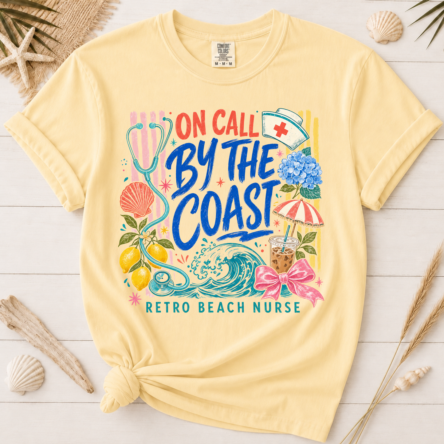 On Call by the Coast Retro Beach Nurse Graphic Tee