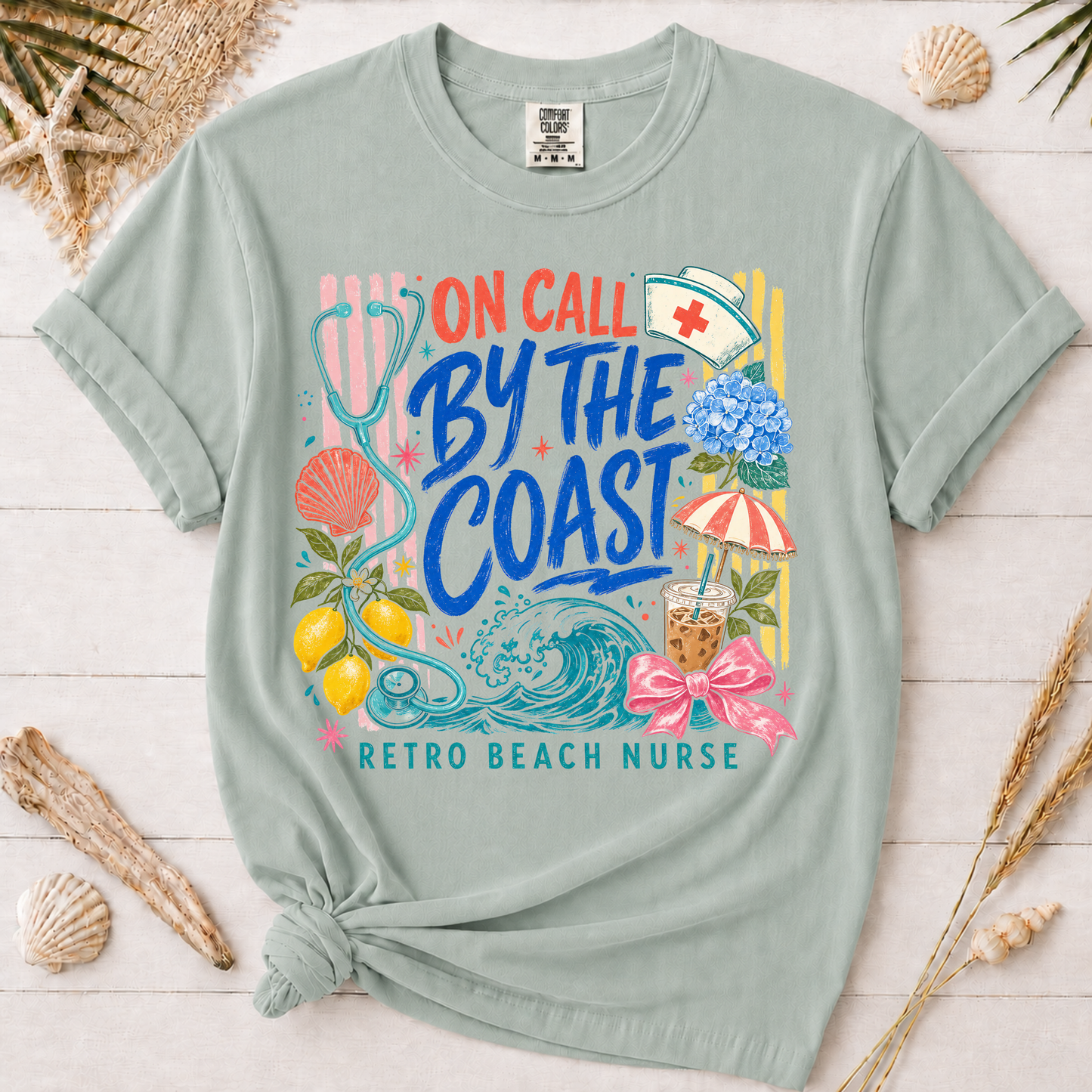 On Call by the Coast Retro Beach Nurse Graphic Tee