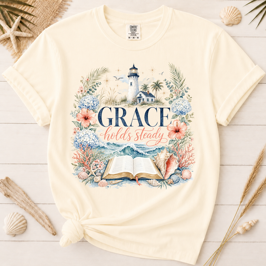 Grace Holds Steady Feminine Christian Beach Graphic Tee