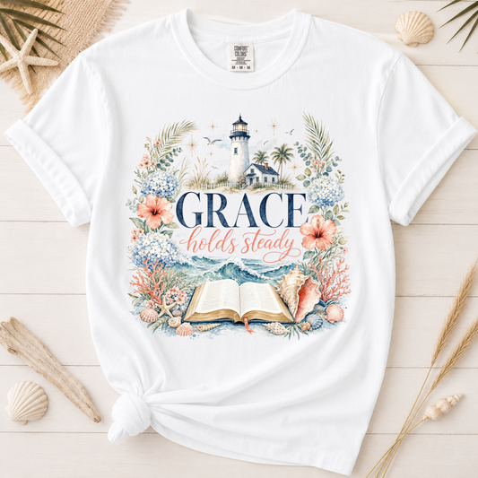 Grace Holds Steady Feminine Christian Beach Graphic Tee
