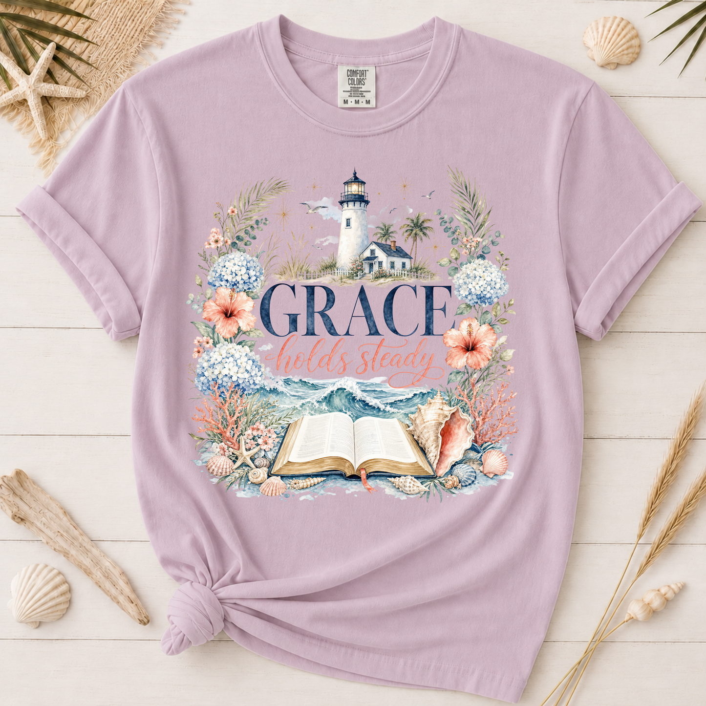Grace Holds Steady Feminine Christian Beach Graphic Tee