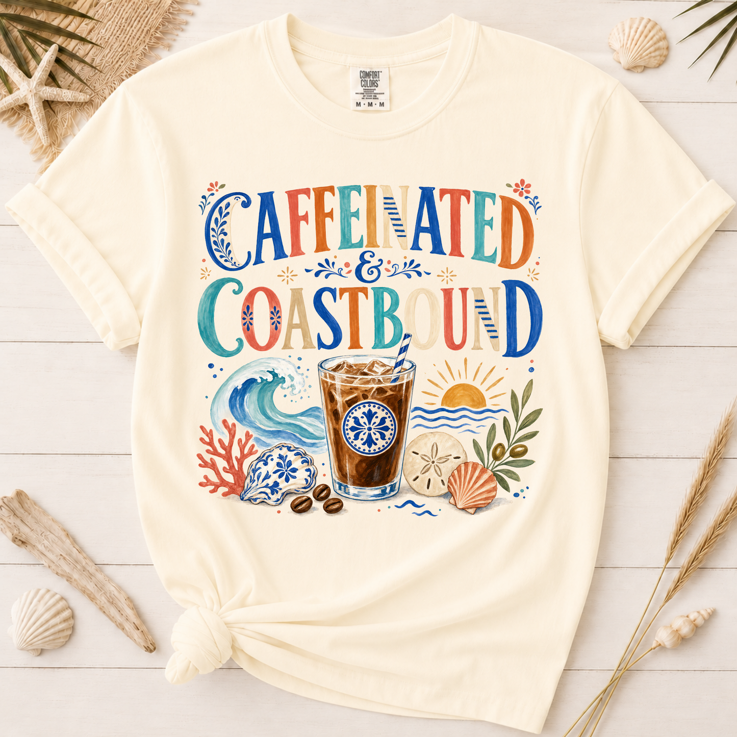 Caffeinated and Coastbound Retro Coffee Lover Graphic Tee