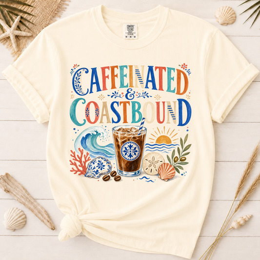 Caffeinated and Coastbound Retro Coffee Lover Graphic Tee
