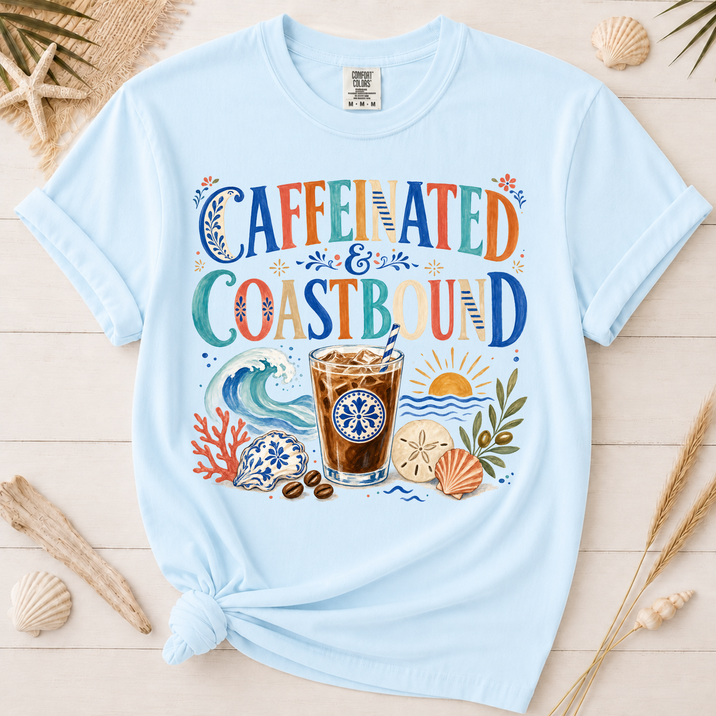 Caffeinated and Coastbound Retro Coffee Lover Graphic Tee