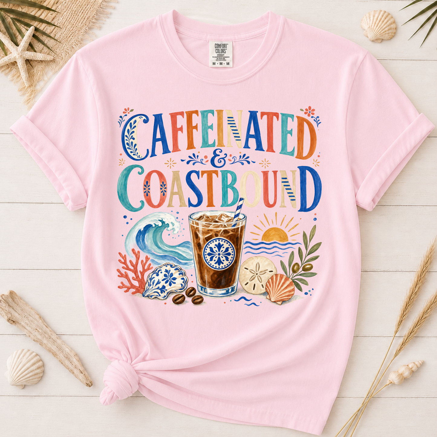 Caffeinated and Coastbound Retro Coffee Lover Graphic Tee