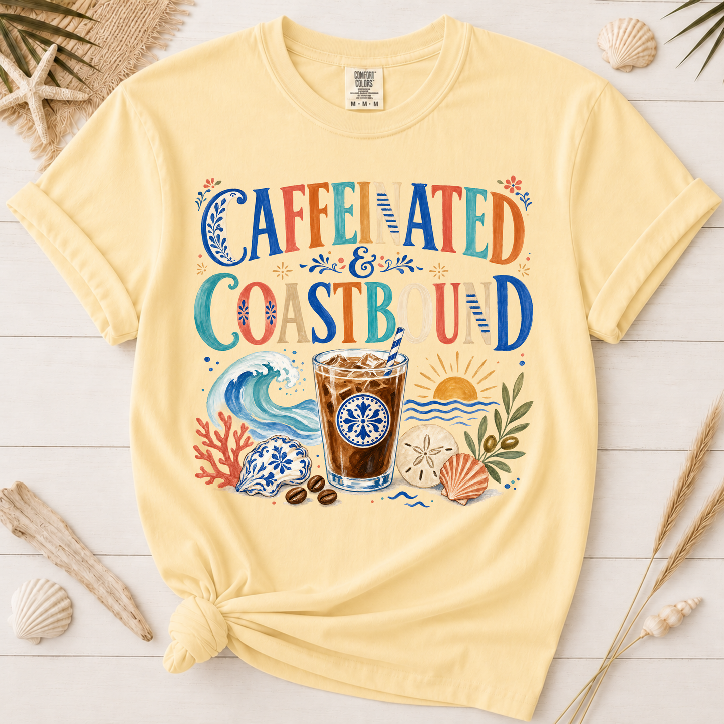Caffeinated and Coastbound Retro Coffee Lover Graphic Tee
