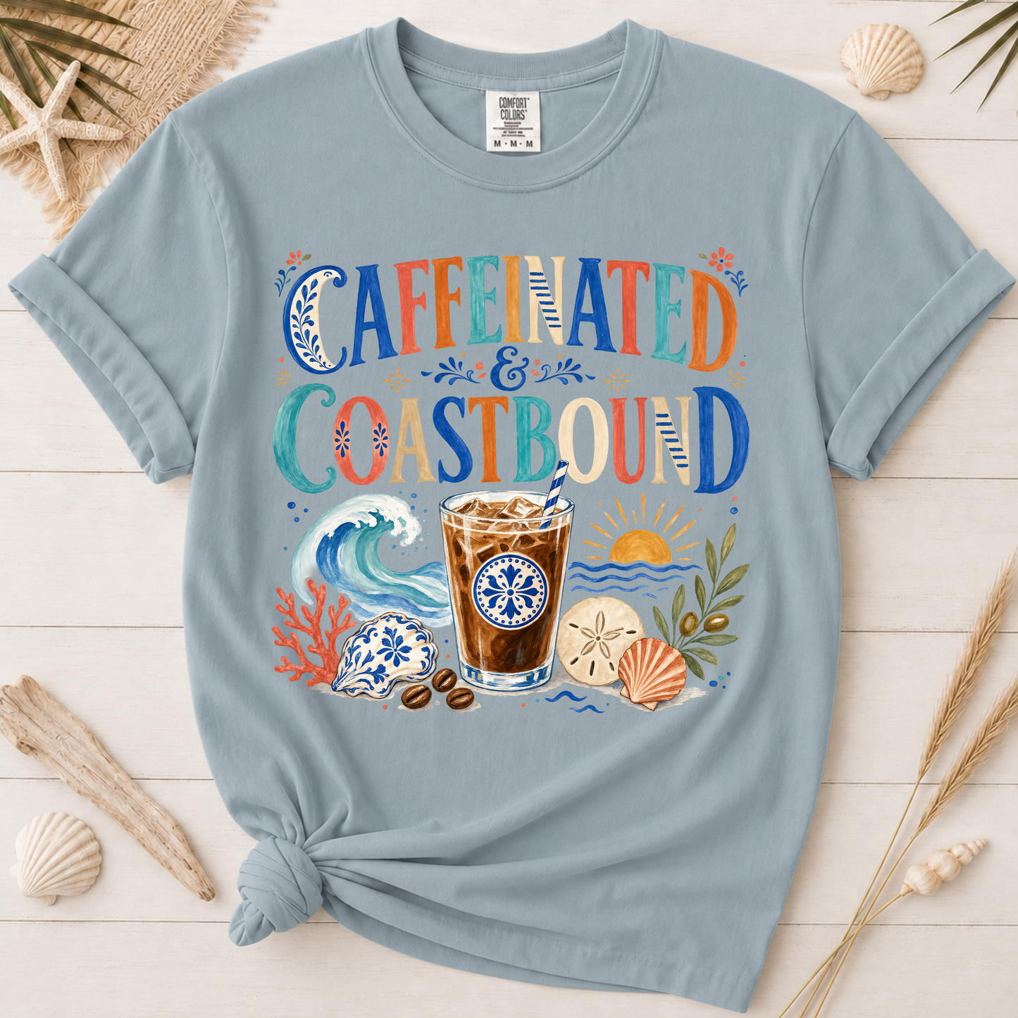Caffeinated and Coastbound Retro Coffee Lover Graphic Tee