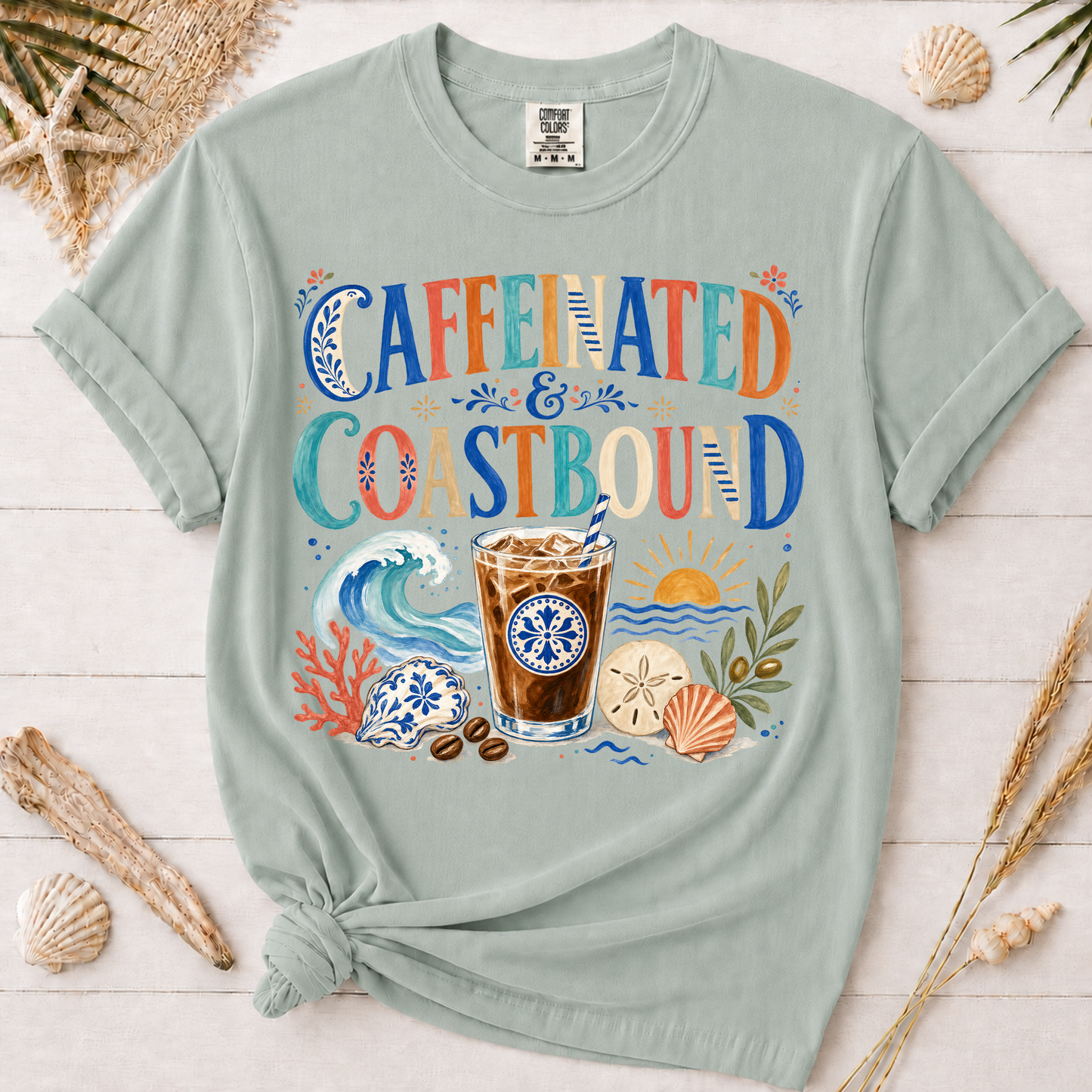 Caffeinated and Coastbound Retro Coffee Lover Graphic Tee