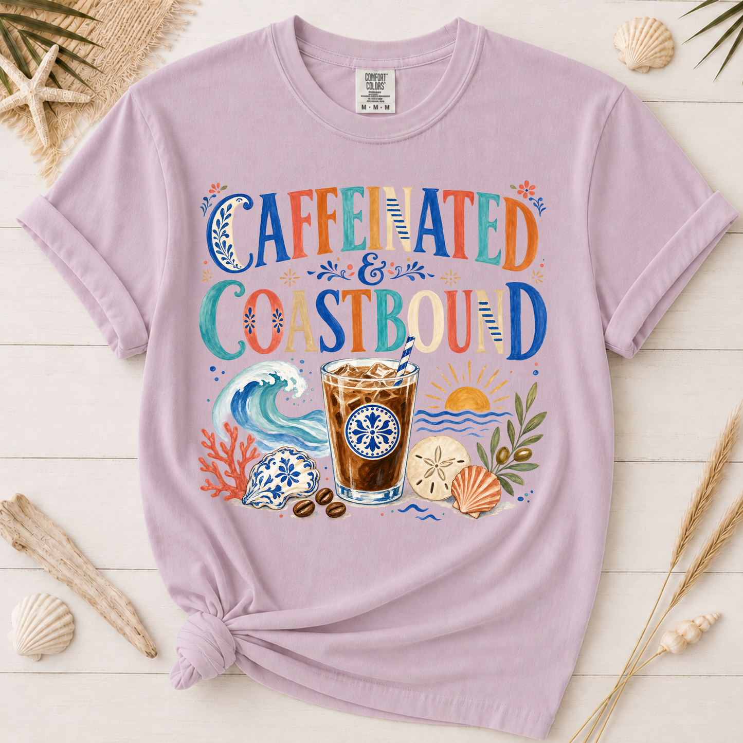 Caffeinated and Coastbound Retro Coffee Lover Graphic Tee
