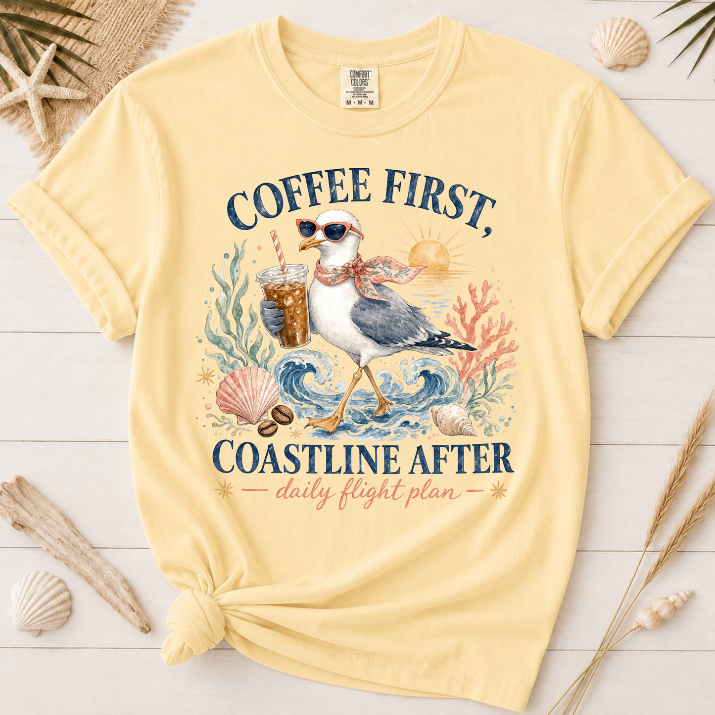 Coffee First, Coastline After Funny Seagull Graphic Tee