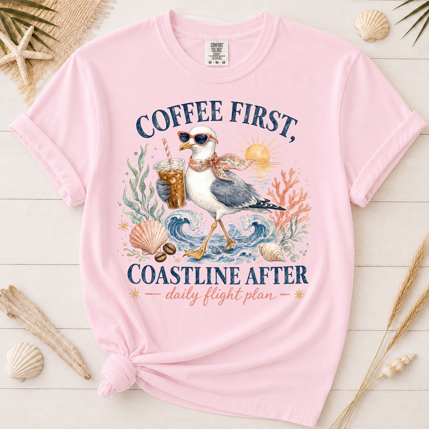 Coffee First, Coastline After Funny Seagull Graphic Tee