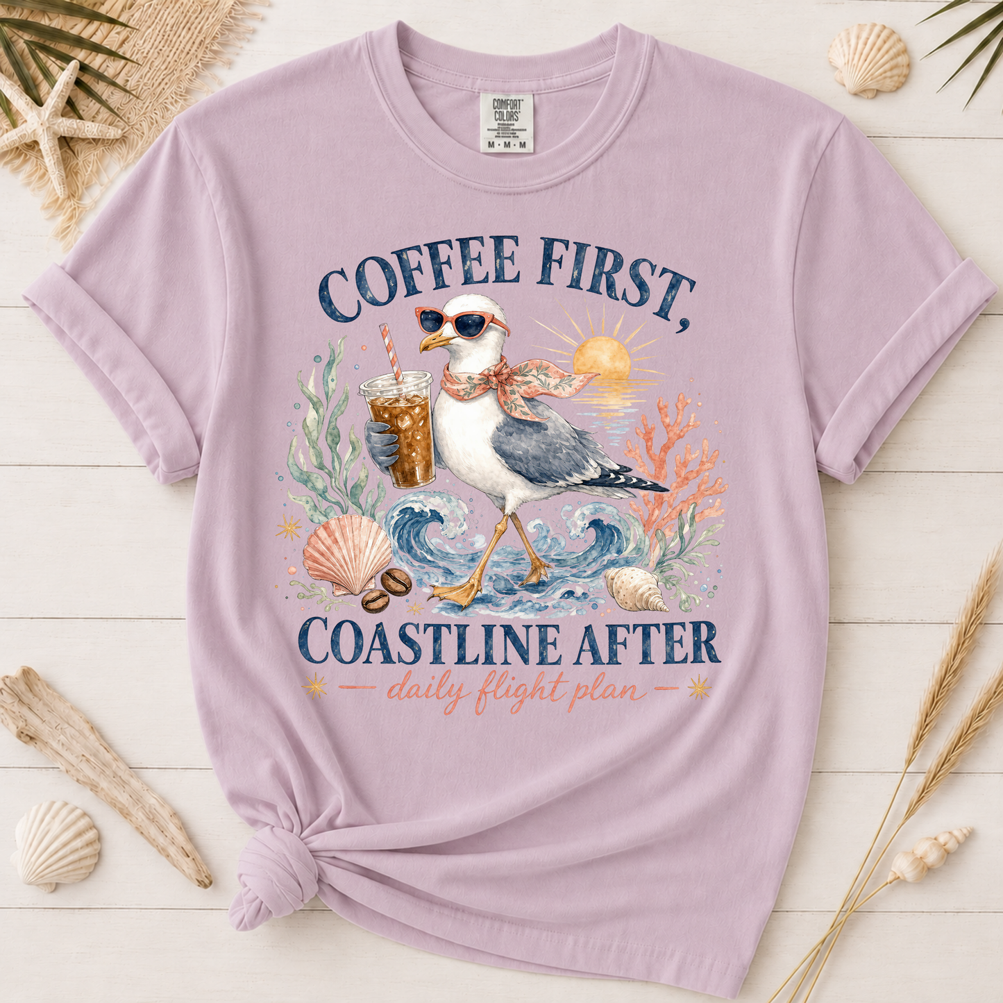 Coffee First, Coastline After Funny Seagull Graphic Tee