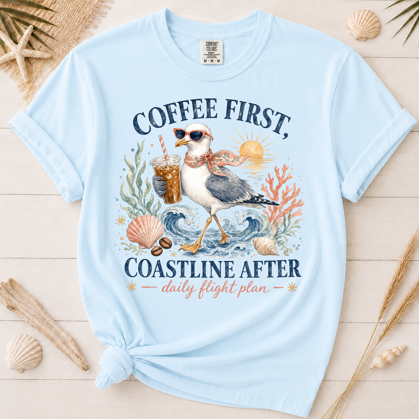 Coffee First, Coastline After Funny Seagull Graphic Tee