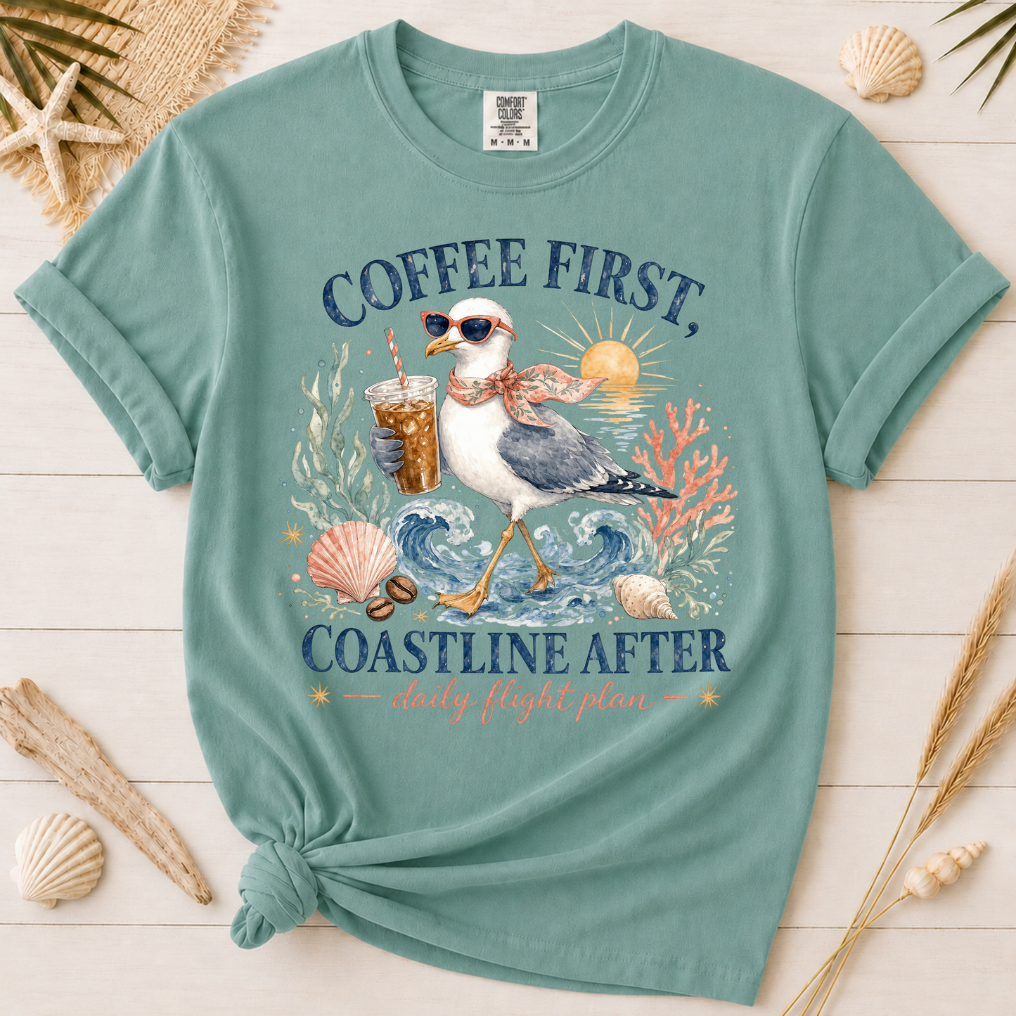 Coffee First, Coastline After Funny Seagull Graphic Tee