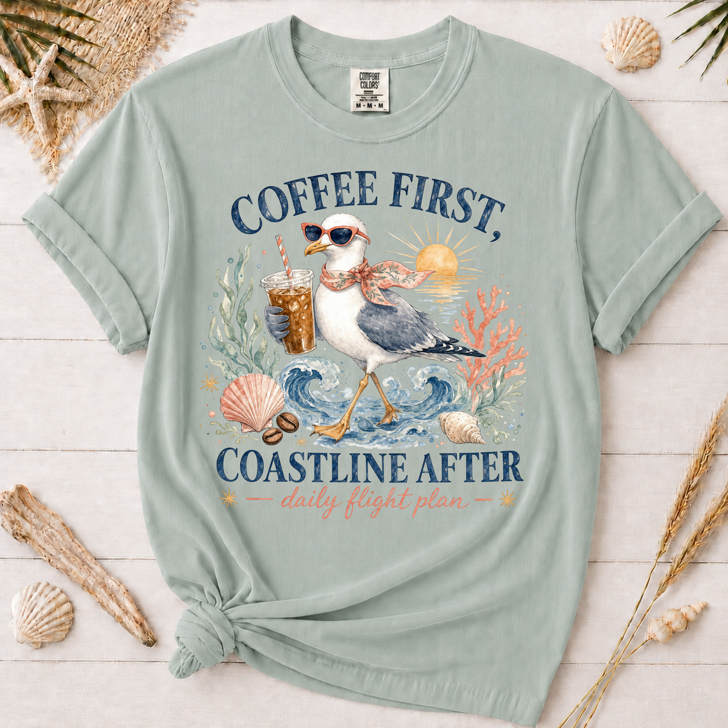 Coffee First, Coastline After Funny Seagull Graphic Tee