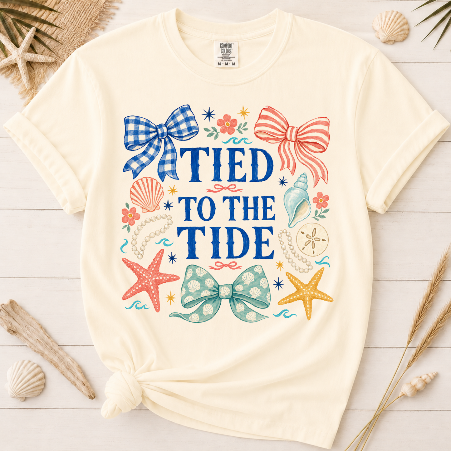 Tied to the Tide Feminine Bow and Seashell Graphic Tee