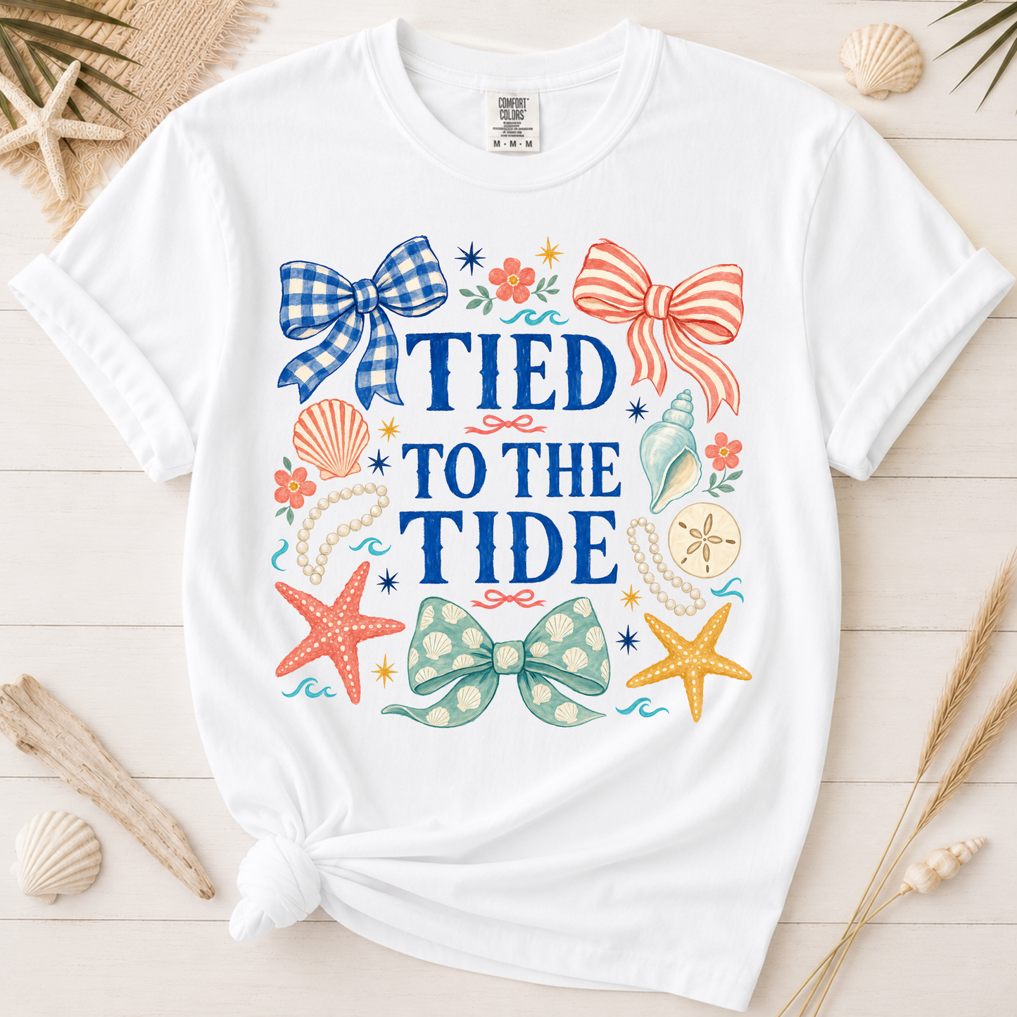 Tied to the Tide Feminine Bow and Seashell Graphic Tee