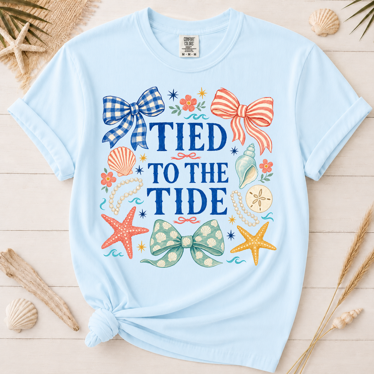 Tied to the Tide Feminine Bow and Seashell Graphic Tee