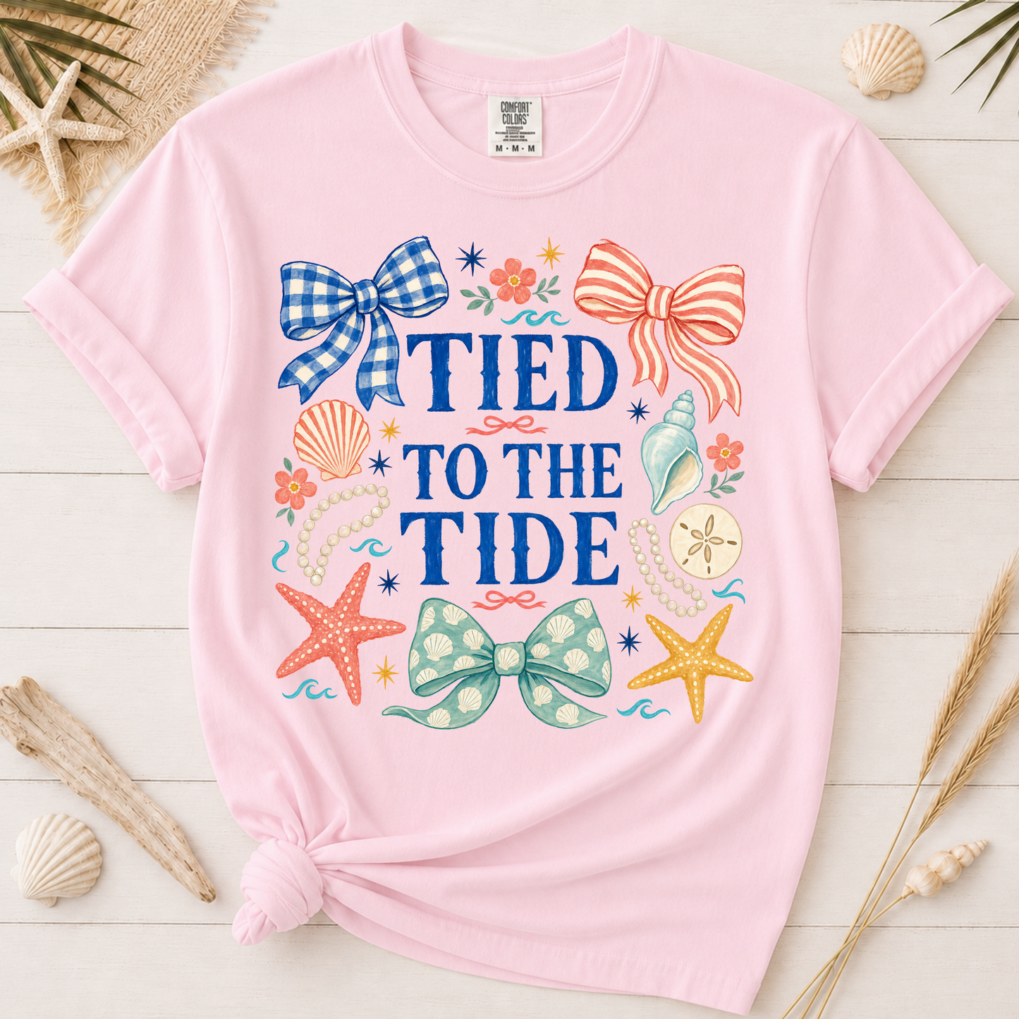 Tied to the Tide Feminine Bow and Seashell Graphic Tee