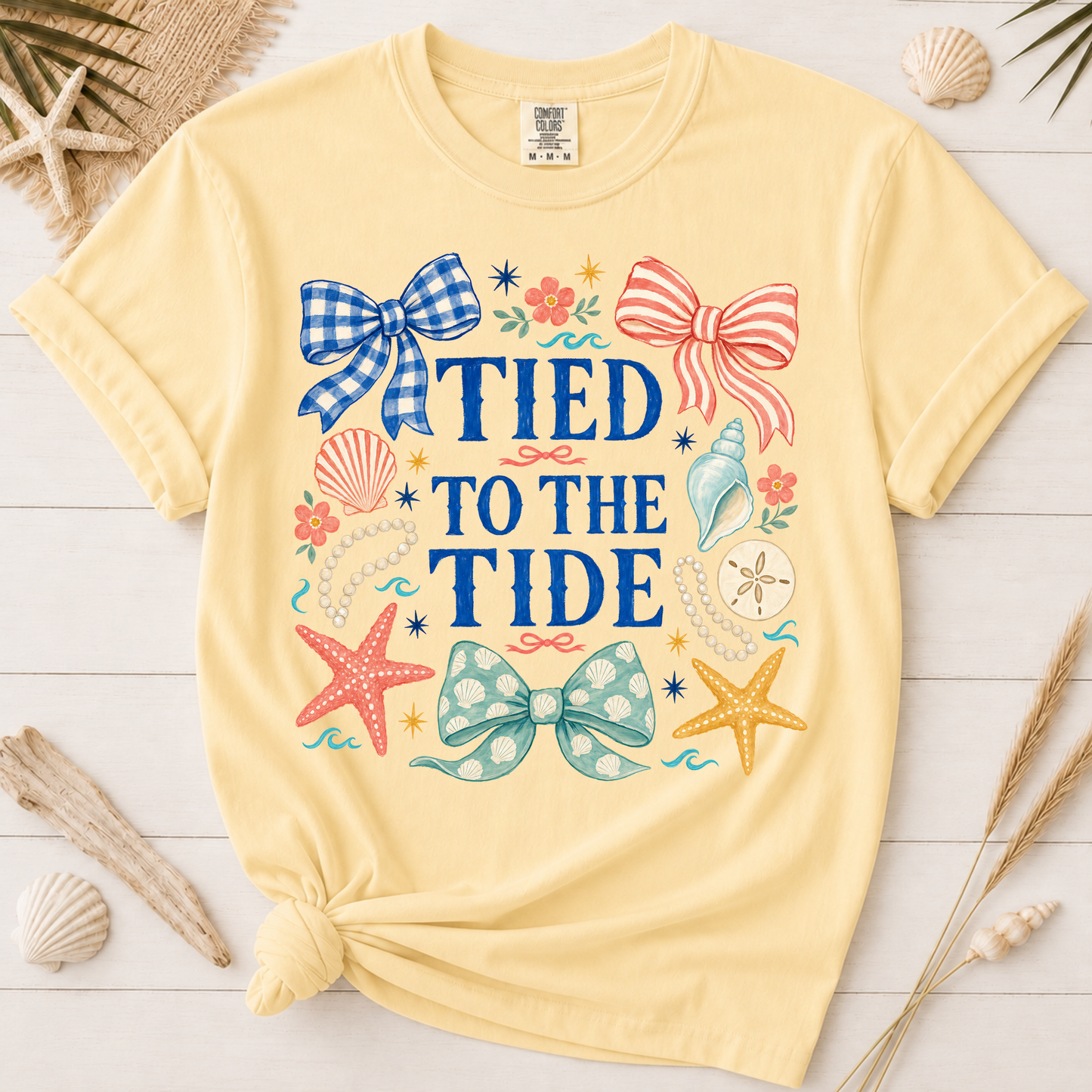 Tied to the Tide Feminine Bow and Seashell Graphic Tee