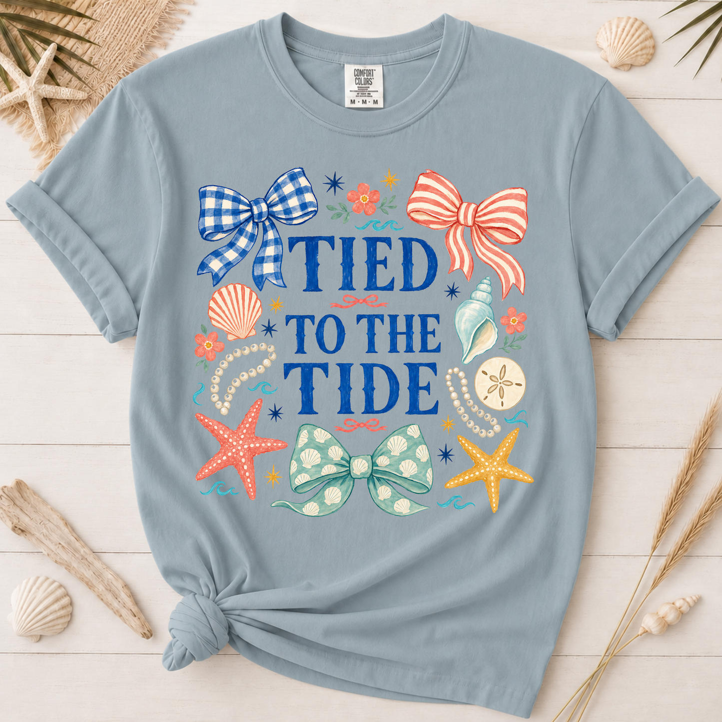 Tied to the Tide Feminine Bow and Seashell Graphic Tee