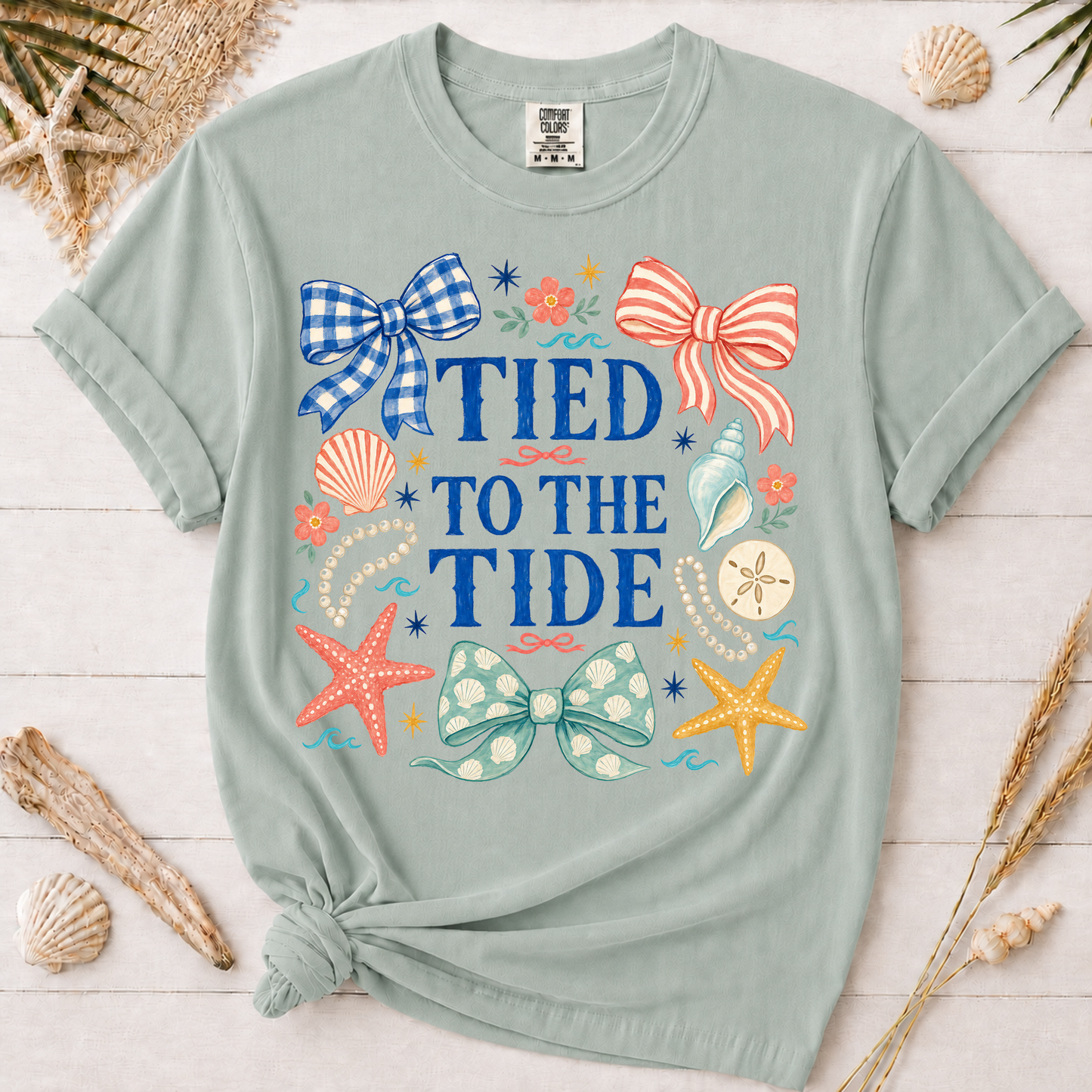 Tied to the Tide Feminine Bow and Seashell Graphic Tee