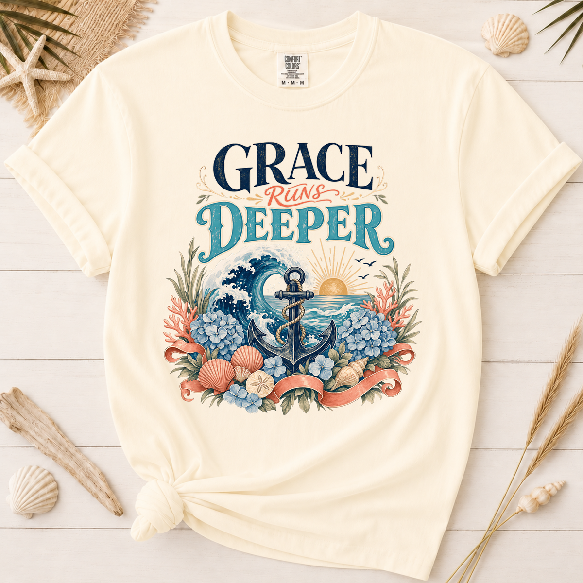 Grace Runs Deeper Christian Beach Graphic Tee