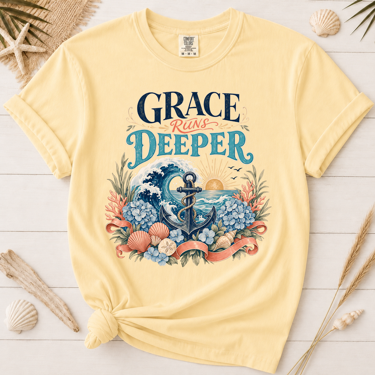Grace Runs Deeper Christian Beach Graphic Tee