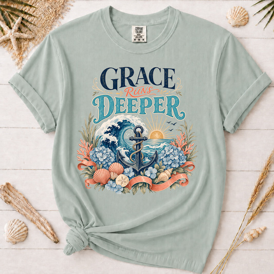 Grace Runs Deeper Christian Beach Graphic Tee
