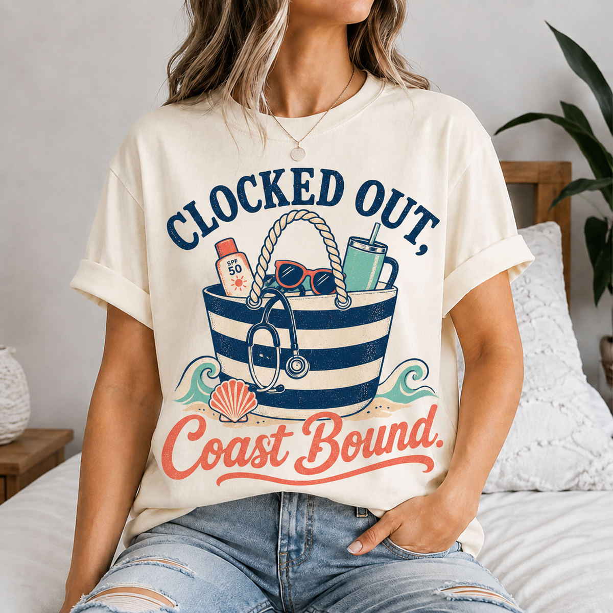 Clocked Out Coast Bound Nurse Vacation Graphic Tee