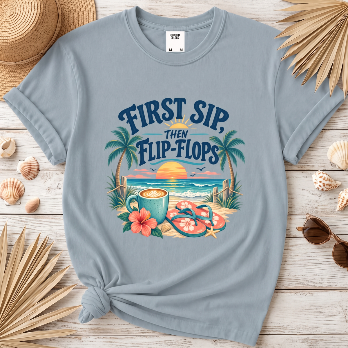 First Sip Then Flip Flops Coastal Coffee Graphic Tee