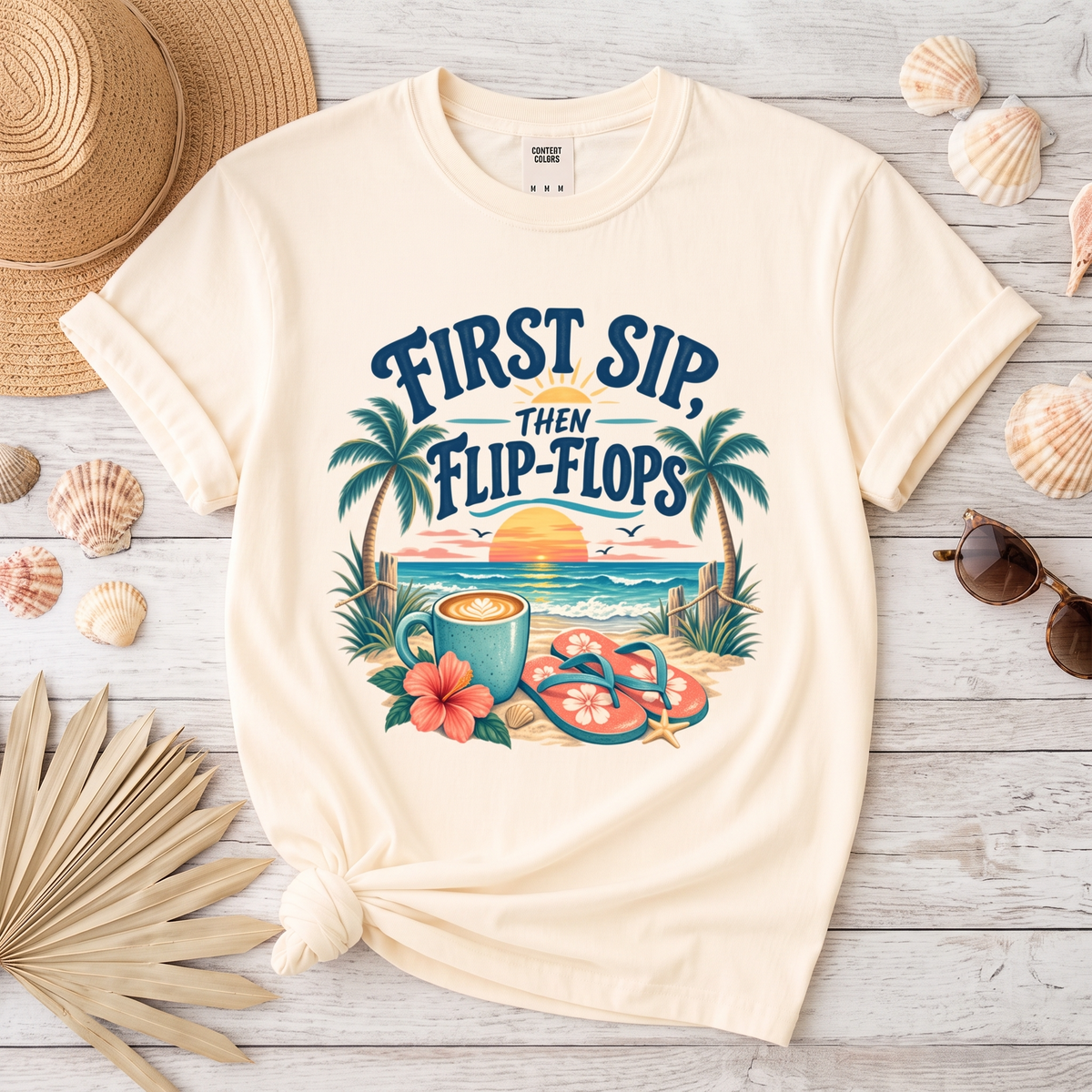 First Sip Then Flip Flops Coastal Coffee Graphic Tee