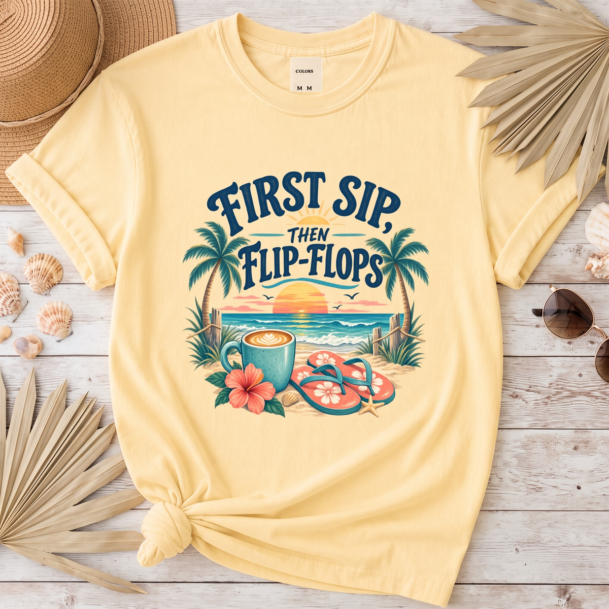 First Sip Then Flip Flops Coastal Coffee Graphic Tee
